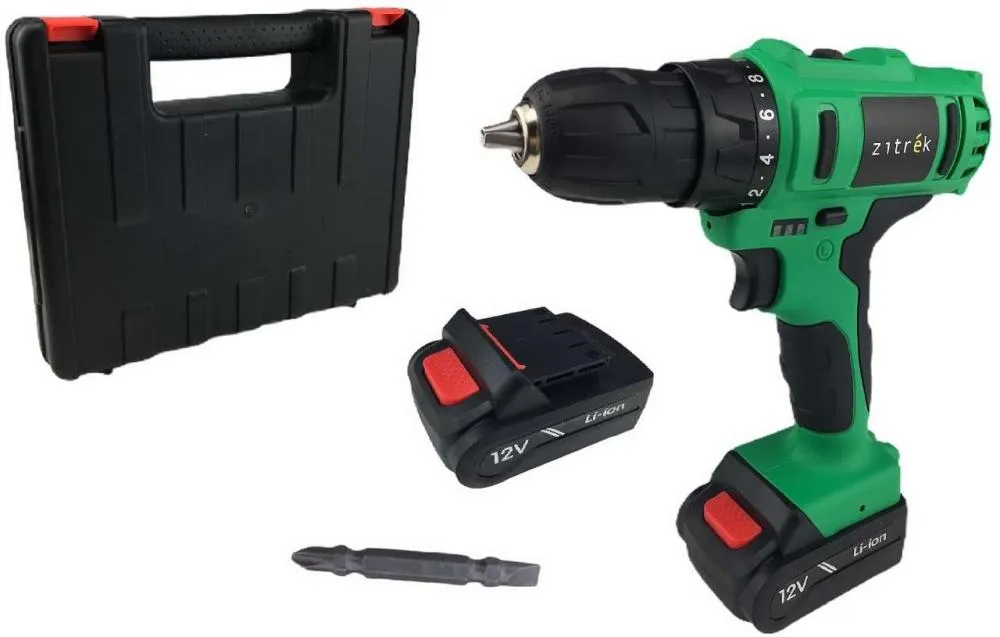 фото дрель аккумуляторная zitrek greenpower 12-li (12в, li-ion аккумулятор 2шт, зу, кейс, бита) 063-4074