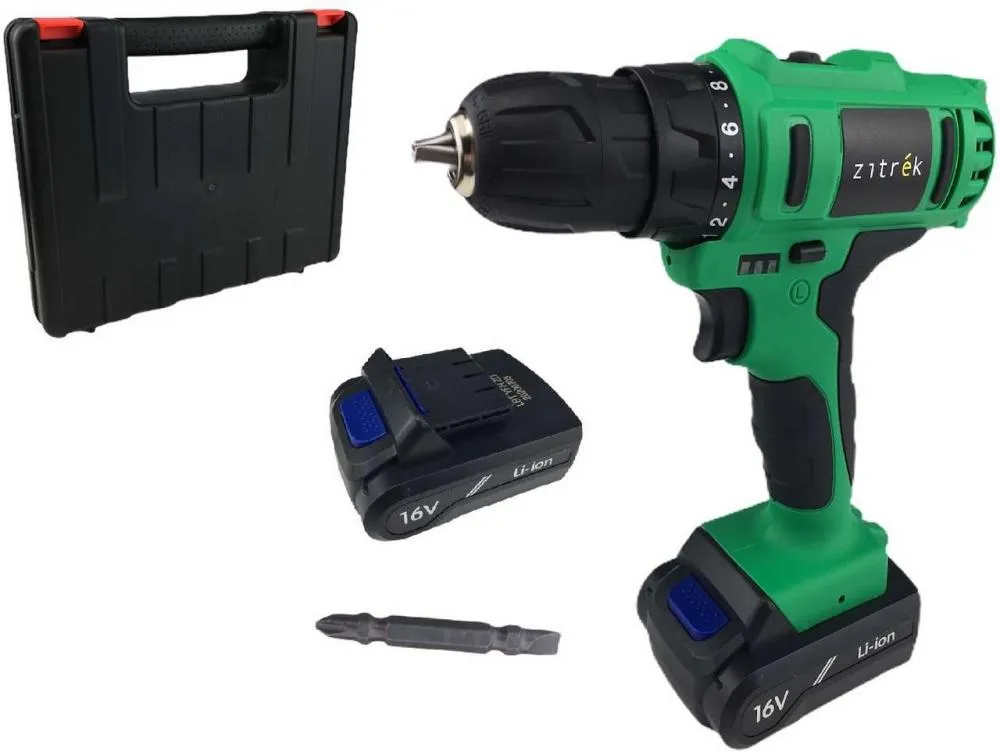 фото дрель аккумуляторная zitrek greenpower 16-li (16в, li-ion аккумулятор 2шт, зу, кейс, бита) 063-4075